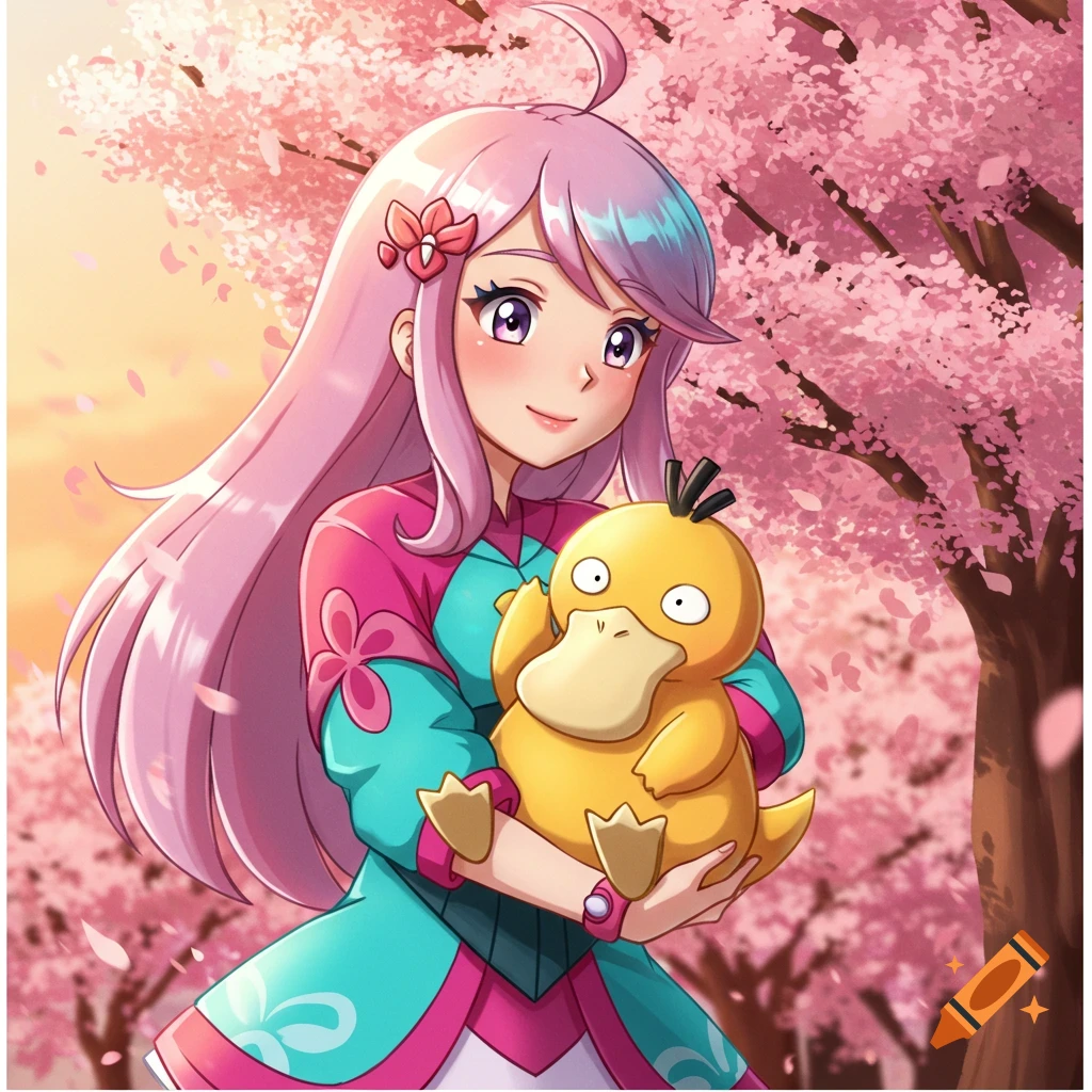 An anime woman with pink hair holds a Psyduck under pink cherry blossom trees, looking happy.