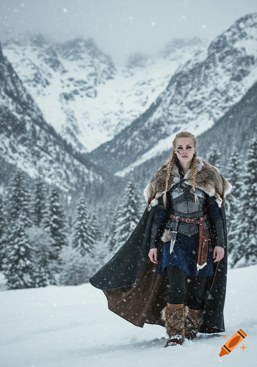 Photorealistic portrait of a Viking woman in armor and fur cloak, standing in a snowy mountain landscape.