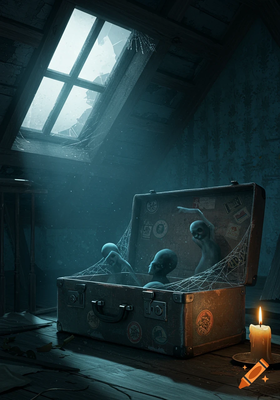 Creepy grey figures emerge from an open suitcase in a dusty, cobweb-filled attic with a broken window, lit by a single candle.