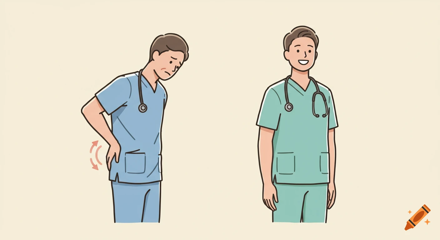 Two male healthcare workers in an educational illustration; one on the left holds his aching lower back, while the one on the right smiles, healthy.