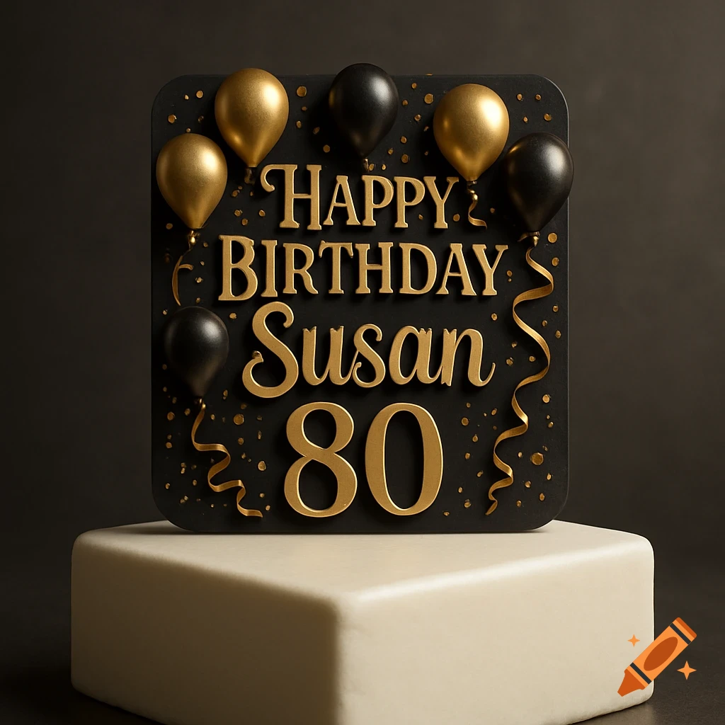 A black and gold 3D birthday cake topper with 'Happy Birthday Susan 80' text, balloons, confetti, and ribbons.