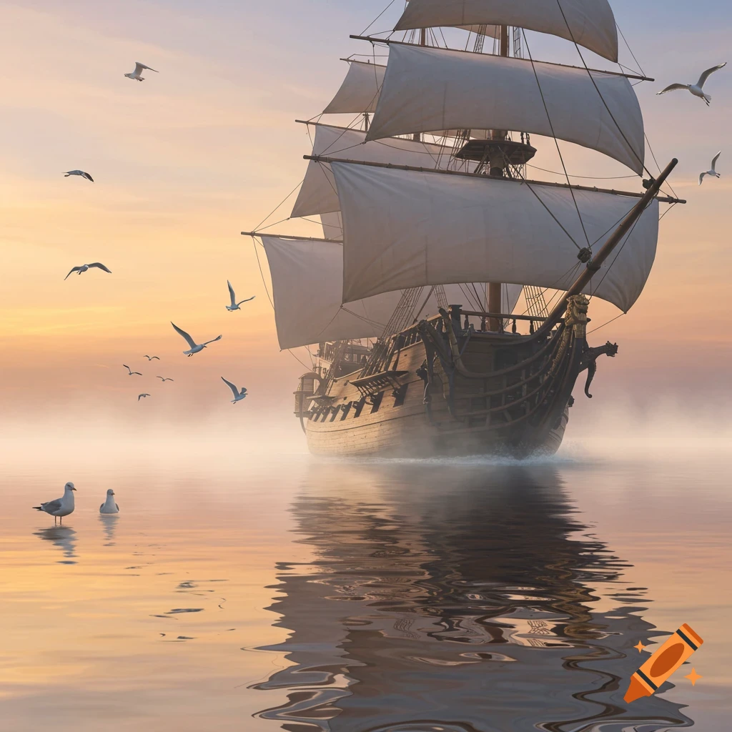 A large sailing ship with white sails on misty water at sunrise, with seagulls flying above and on the water.