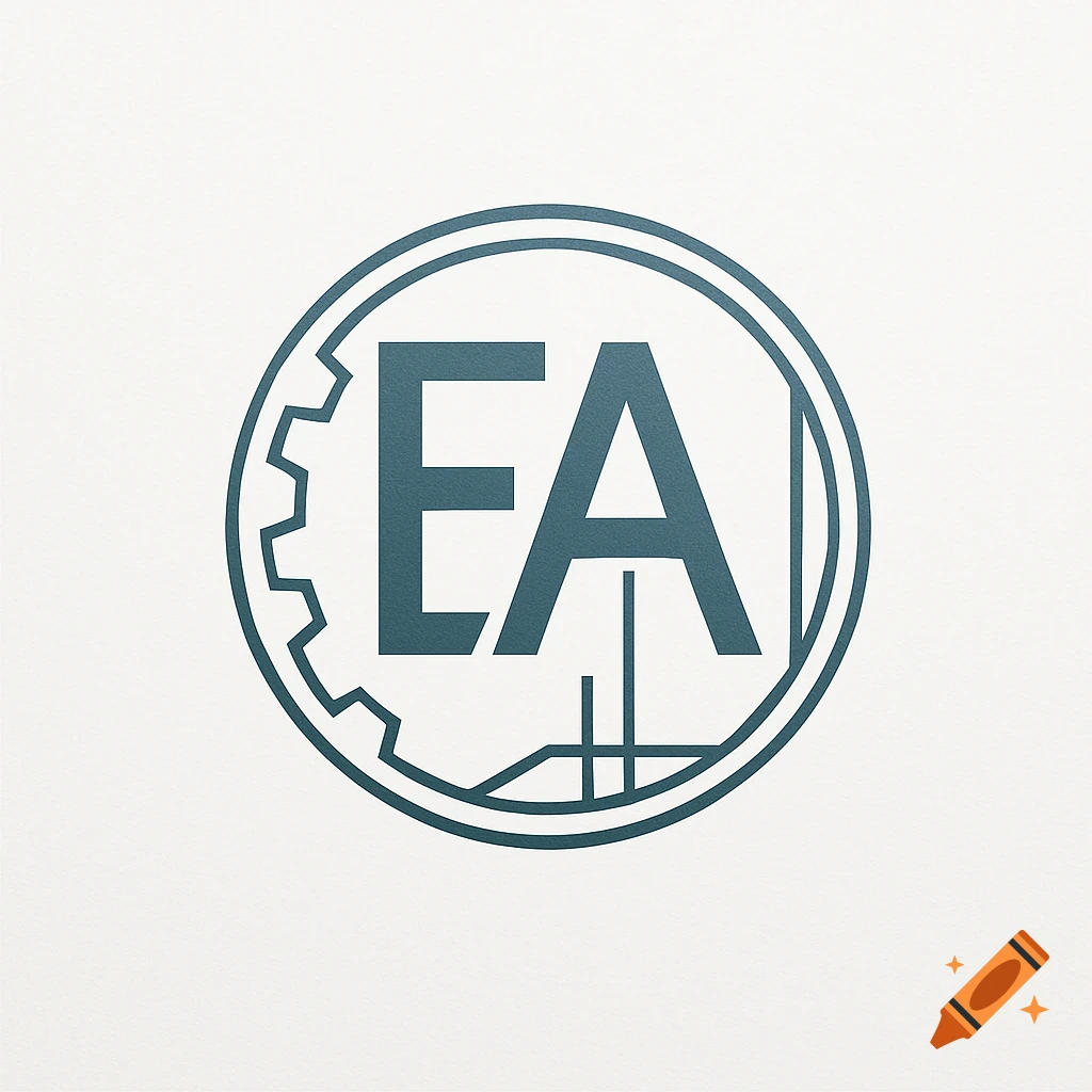 A dark teal circular logo with the letters 'EA' in the center, featuring a gear-like edge on the left and abstract lines on the right, on an off-white textured background.