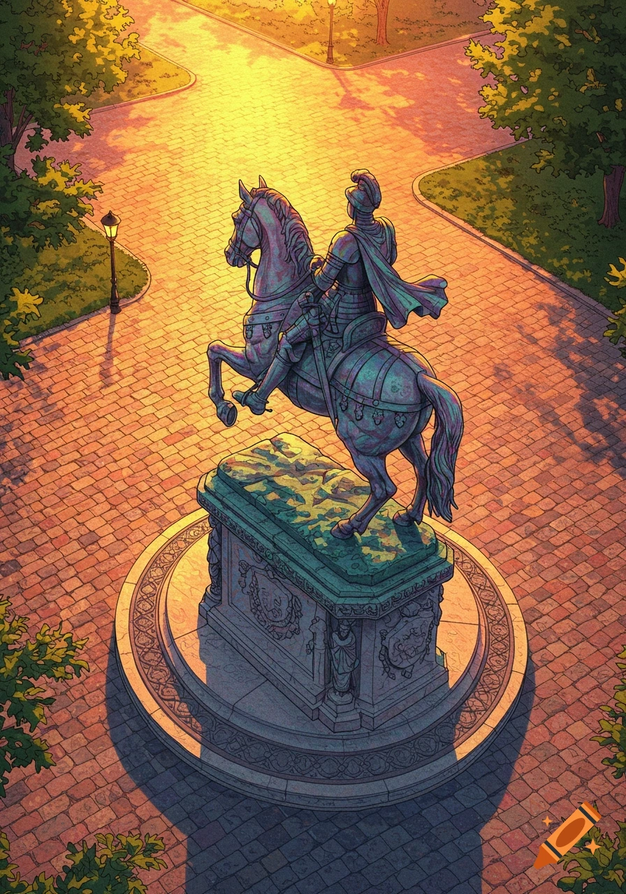 Colorful, drawn-style image from above of an equestrian statue in a sunlit park with brick paving.