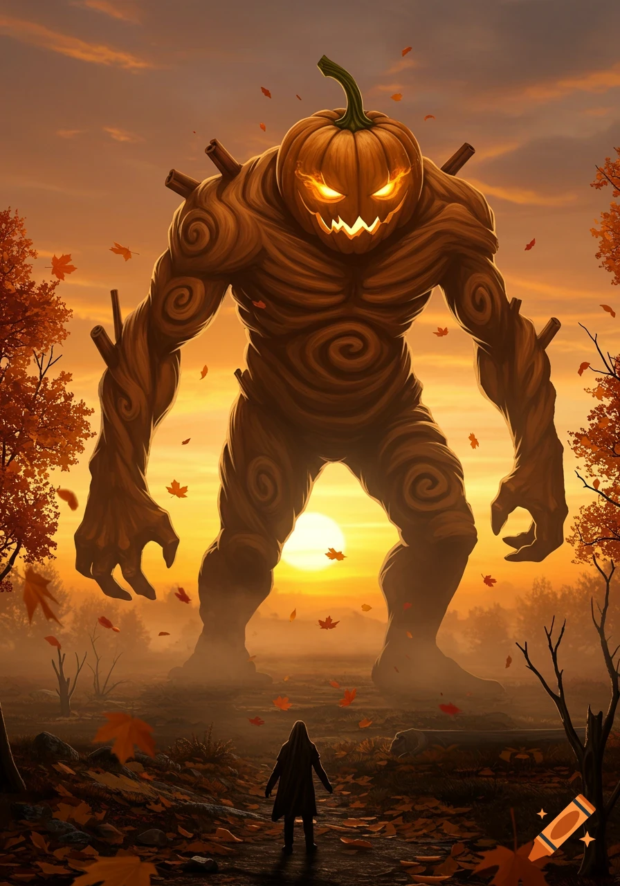 A colossal pumpkin-headed monster with a wooden body glows menacingly over a tiny human in an autumn forest at sunset.