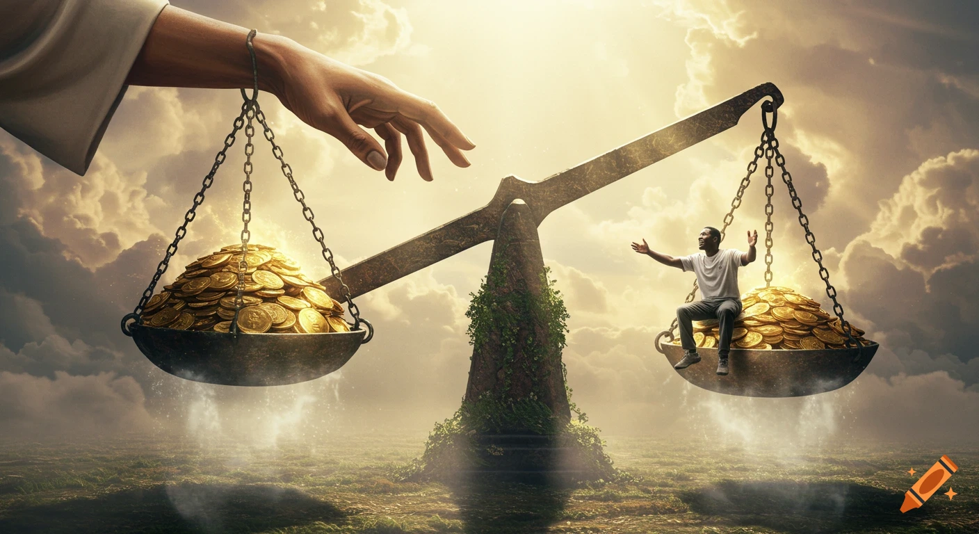 A photorealistic image of a man sitting on a balance scale with gold coins, God's hand reaches down from a heavenly sky.
