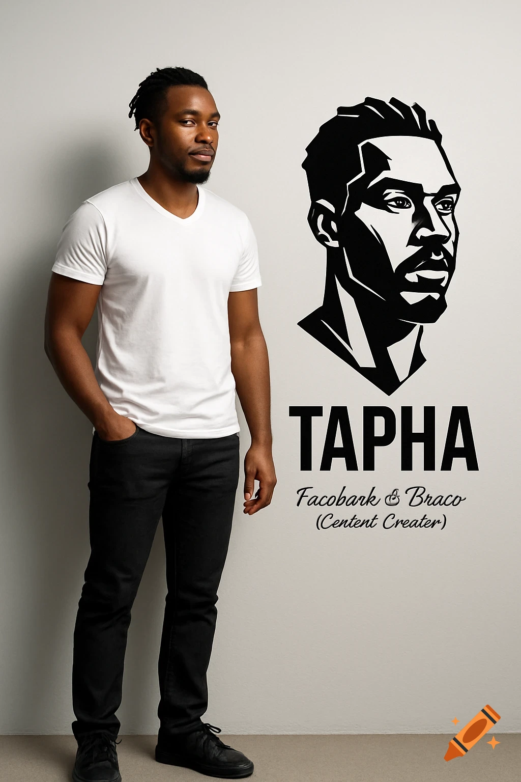 A man in a white V-neck t-shirt, black jeans, and black sneakers stands against a gray wall. Next to him is a black and white vector graphic of his face and the text "TAPHA" and "Facobark & Braco (Centent Creater)".
