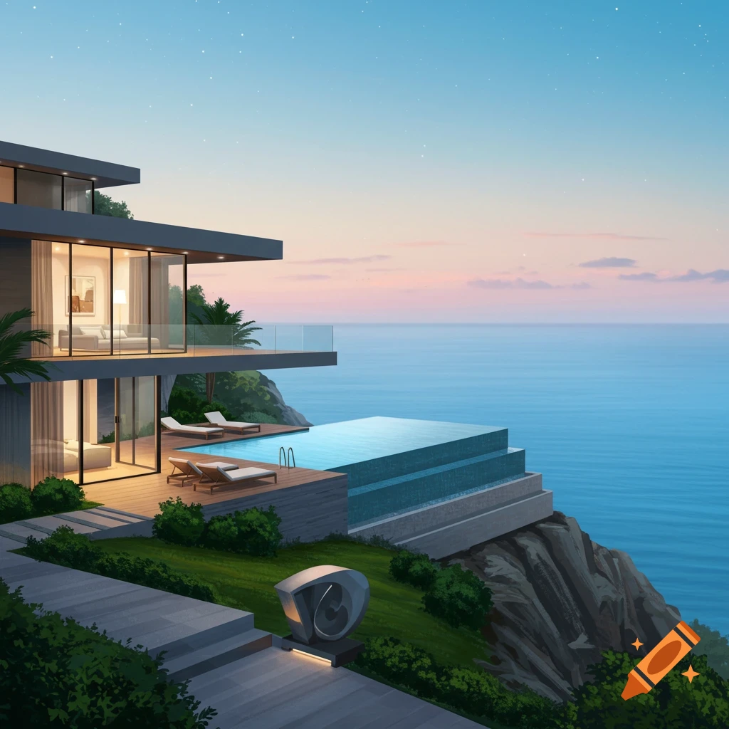 A modern, luxurious house with an infinity pool on a cliff overlooking the ocean at sunset, rendered in a detailed digital art style.