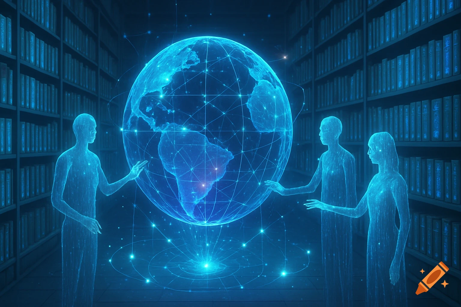 Three glowing, translucent figures interact with a holographic blue globe in a futuristic library setting, representing global knowledge.