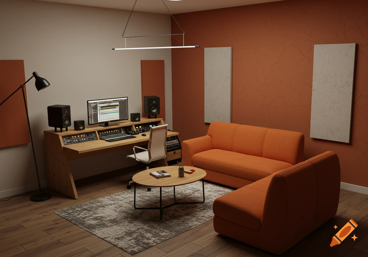 A cozy, modern home recording studio with a wooden desk, computer, audio equipment, orange sofa, and coffee table.