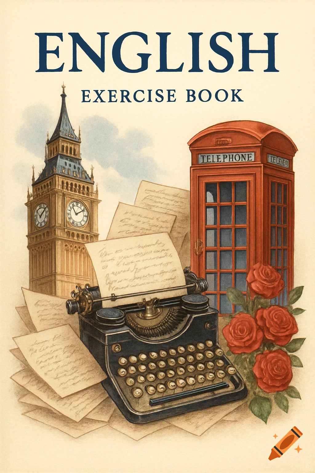 An illustration of a vintage English exercise book cover featuring Big Ben, a red telephone booth, a typewriter, and red roses.