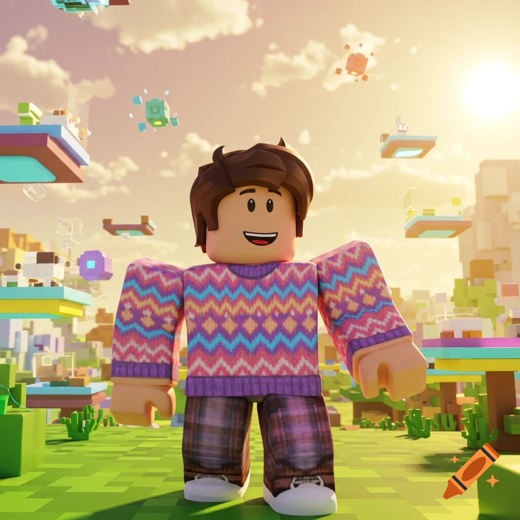 A Roblox boy character with brown hair and a colorful patterned sweater stands in a blocky, sunny landscape with floating platforms.