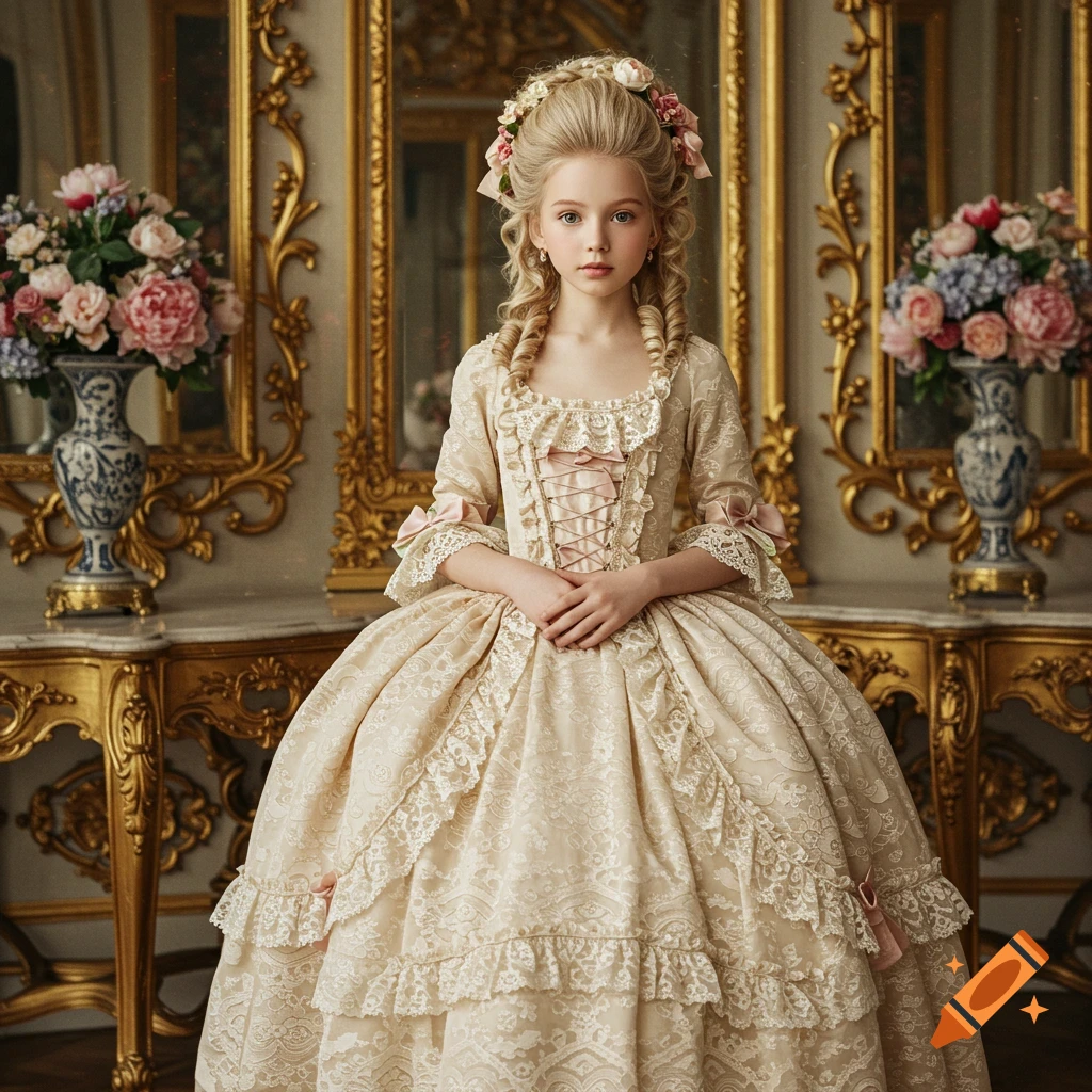 A young girl in an elaborate Rococo-style gown and powdered wig stands in an opulent room with gilded mirrors and flowers.
