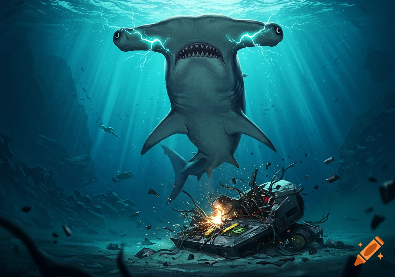 An electric hammerhead shark swims above a destroyed, sparking emitter device on the ocean floor.