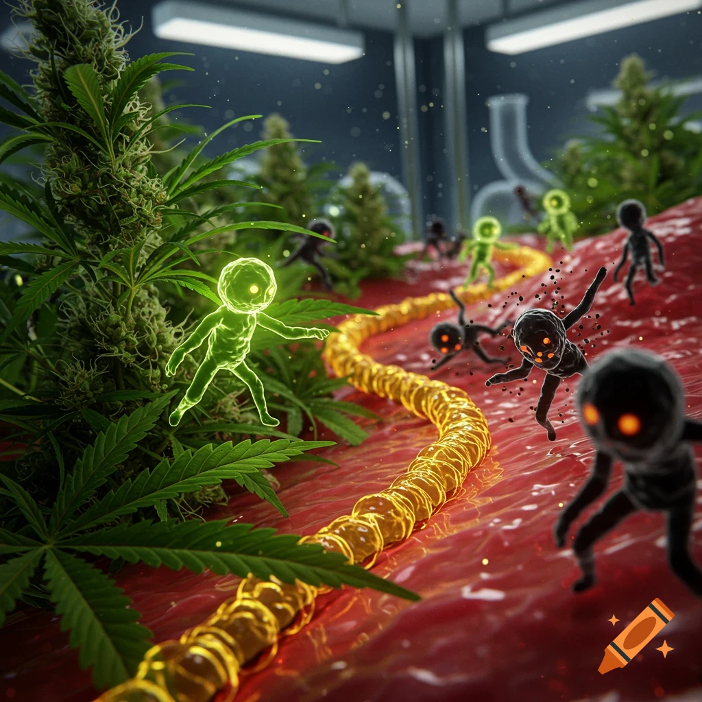Stylized microscopic view of green glowing figures from cannabis plants on a reddish tissue surface, confronting dark figures with orange eyes. Abstract science illustration.