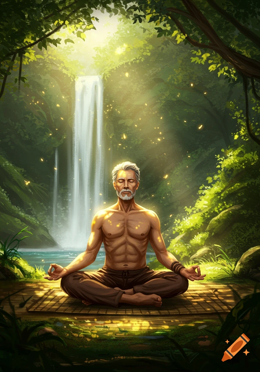 An old man with a white beard meditates shirtless in the lotus position on a wooden mat in a lush green forest with a sparkling waterfall.