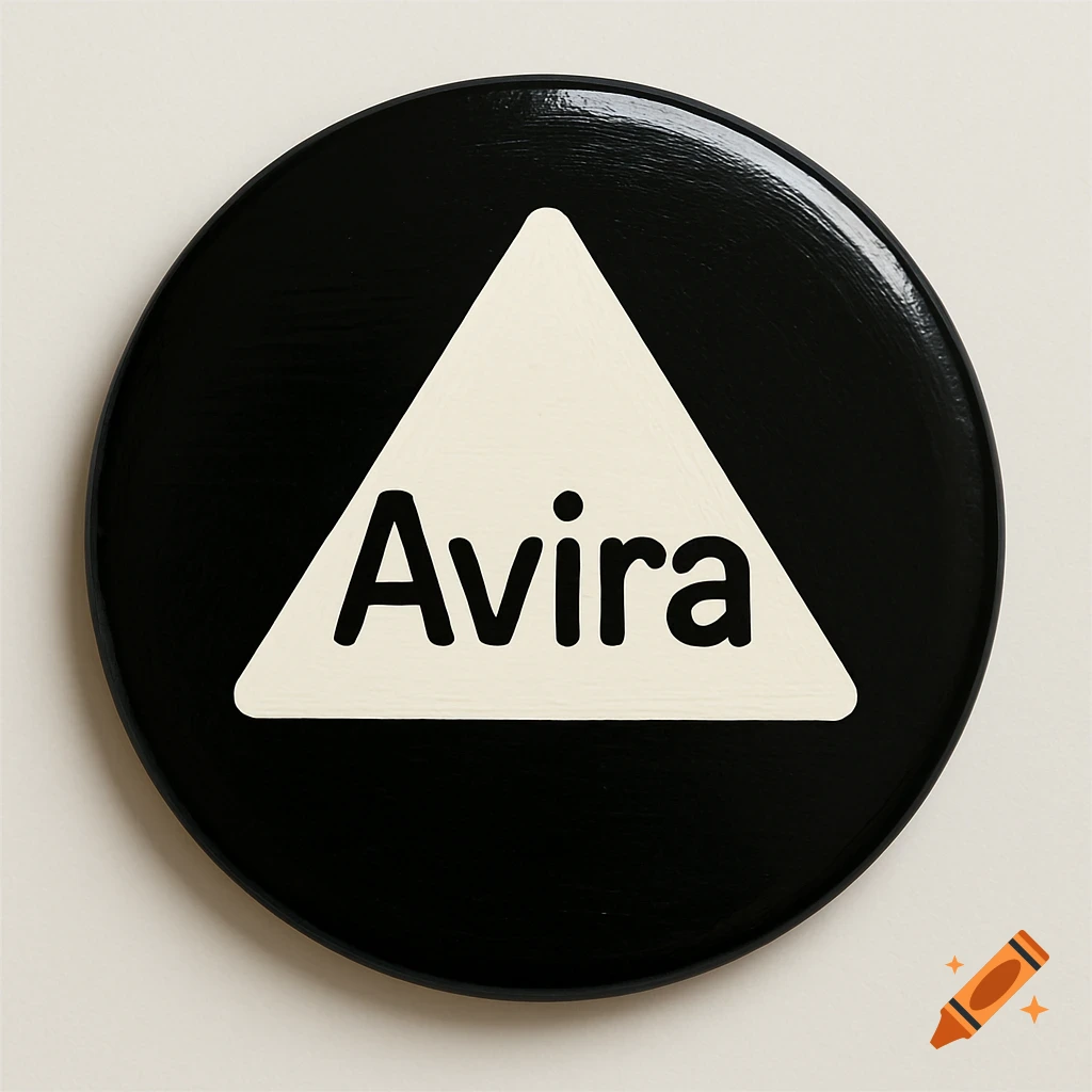 Glossy black circular nameplate with a white triangle containing the word 'Avira' in bold, black letters.
