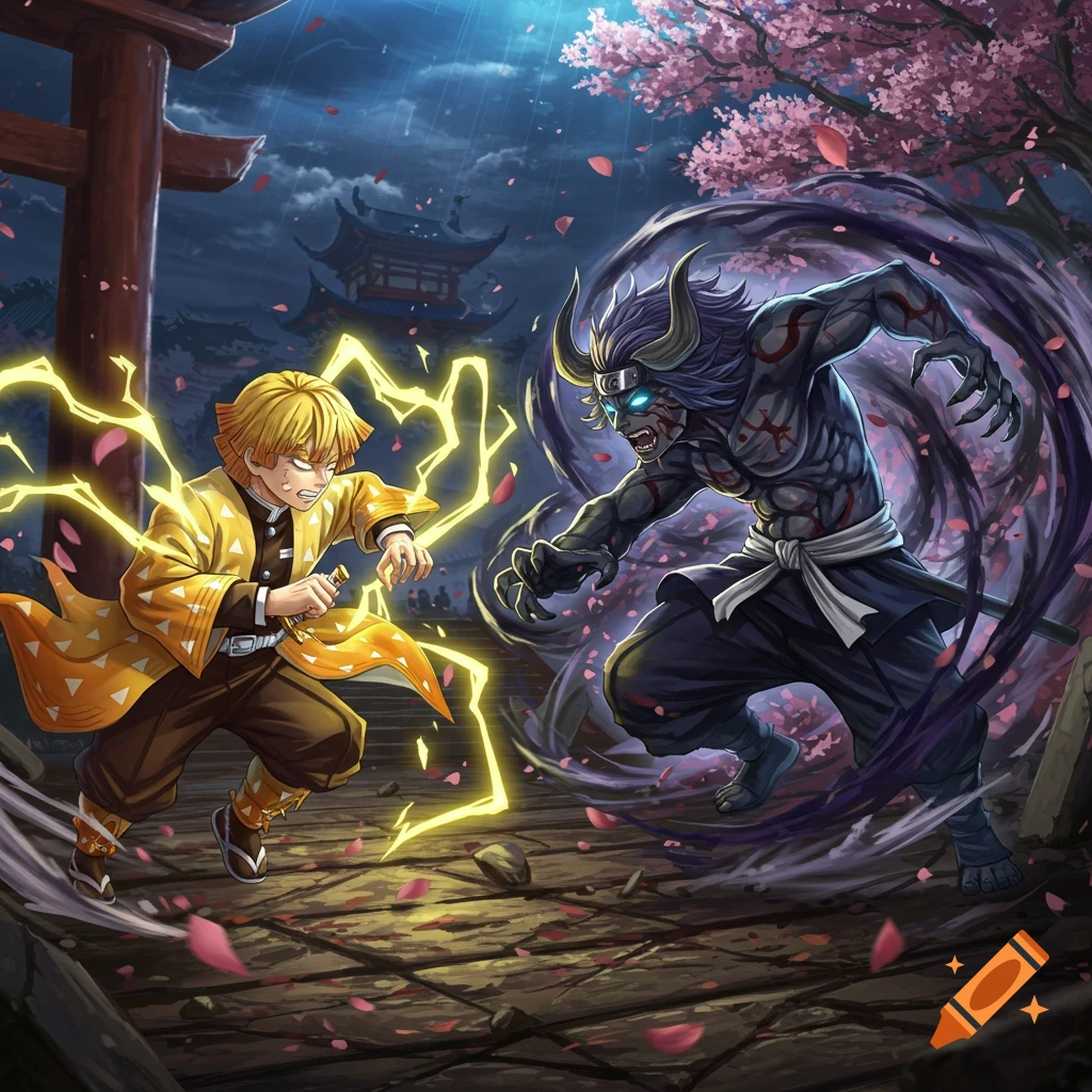 Anime-style fight between Zenitsu, surrounded by yellow lightning, and a horned grey demon with dark energy, against a Japanese temple and cherry blossom background.
