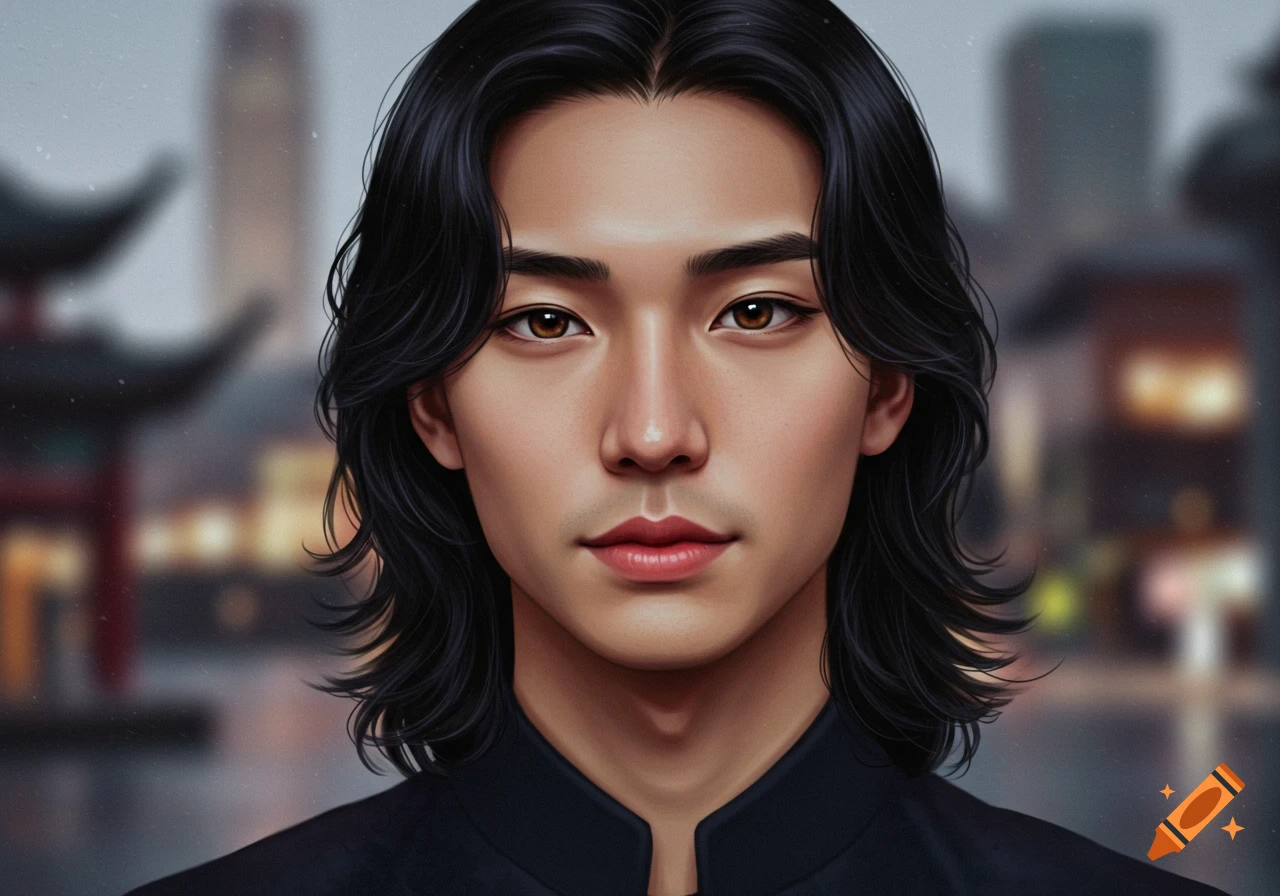 Close-up digital portrait of a young man with long black hair and brown eyes, against a blurred cityscape.