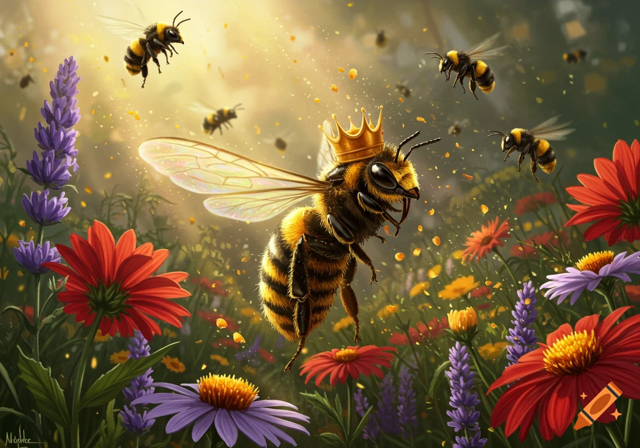 A crowned queen bee flies majestically among vibrant red and purple flowers in a sunny meadow with other bees. Illustrated.