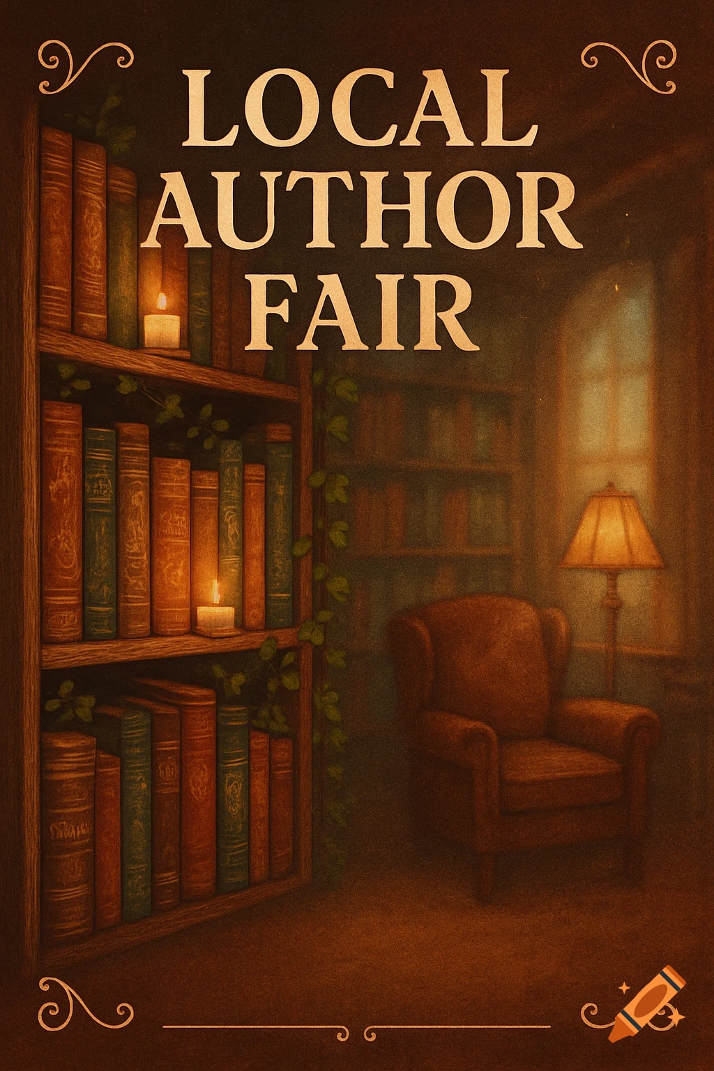 A vintage-style poster for a Local Author Fair. It depicts a cozy library with bookshelves, lit candles, an armchair, and a lamp.