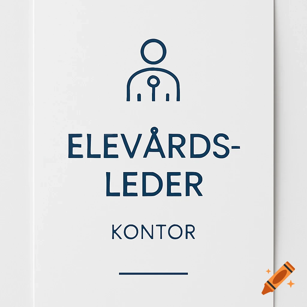 Minimalist white office sign with a dark blue icon of a person and a microphone, and the text "ELEVÅRDSLEDER KONTOR".