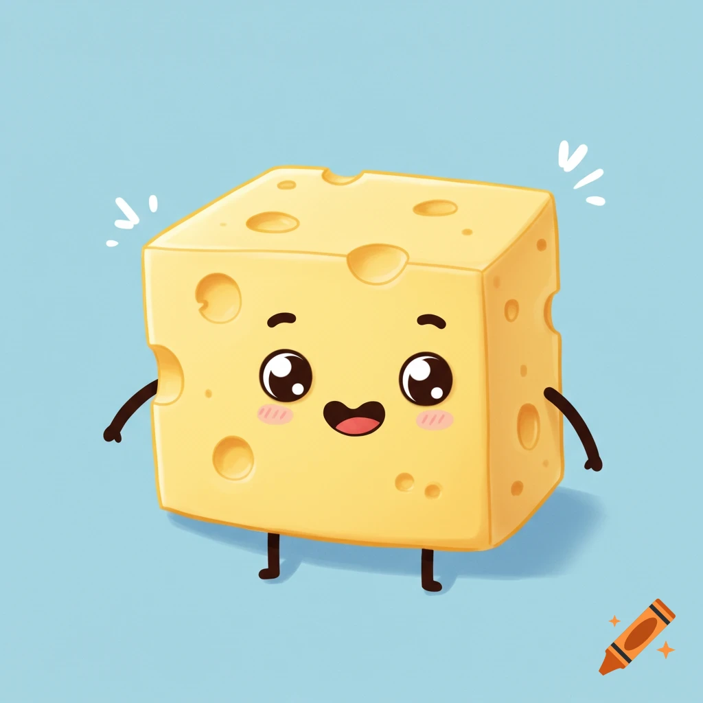 A cute, smiling cartoon cheese block with eyes, arms, and legs stands on a light blue background.