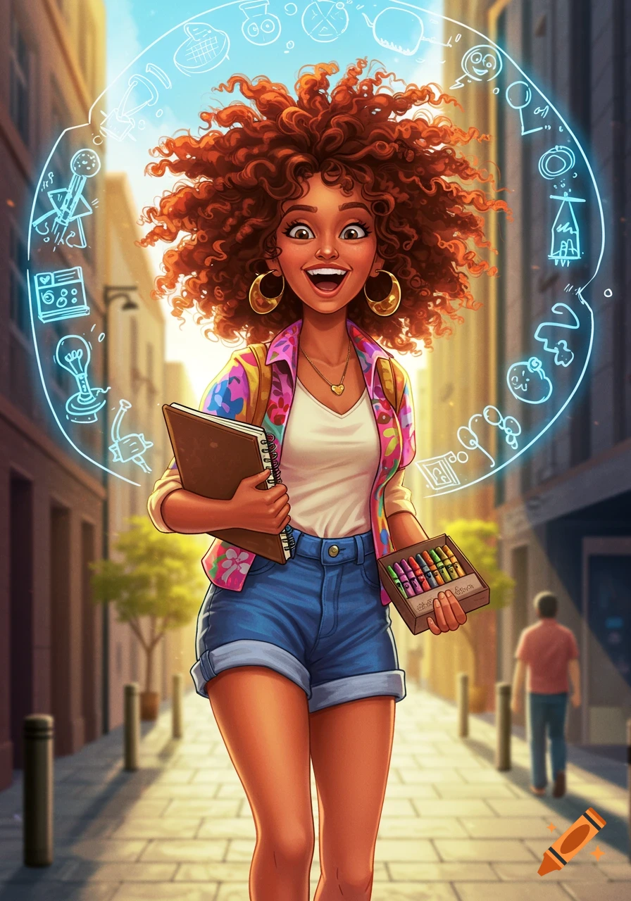 Smiling cartoon woman with red curly hair, wearing a colorful shirt and shorts, holding a sketchbook and crayons on a sunny street.