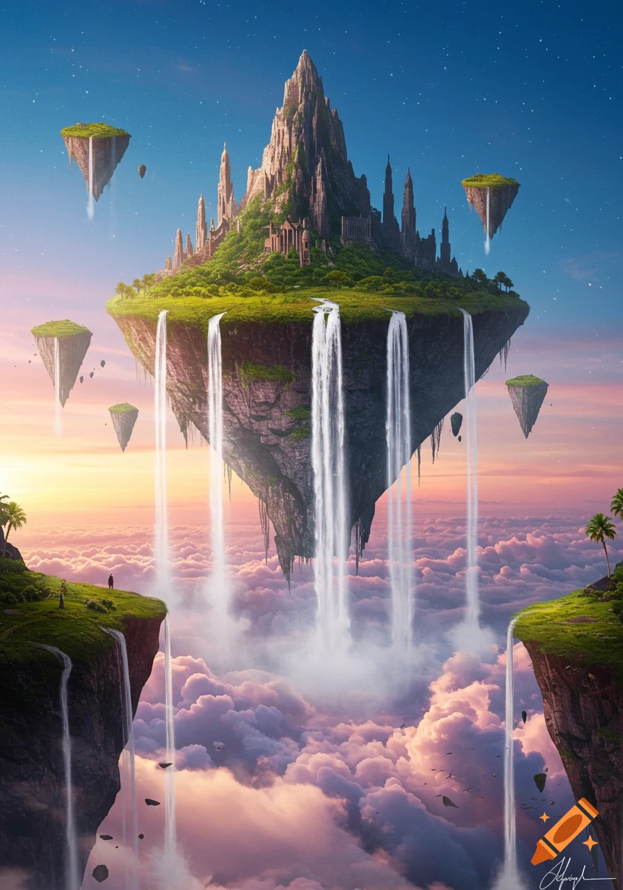 A majestic fantasy landscape featuring floating islands with waterfalls and a castle-topped mountain, over clouds at sunset.