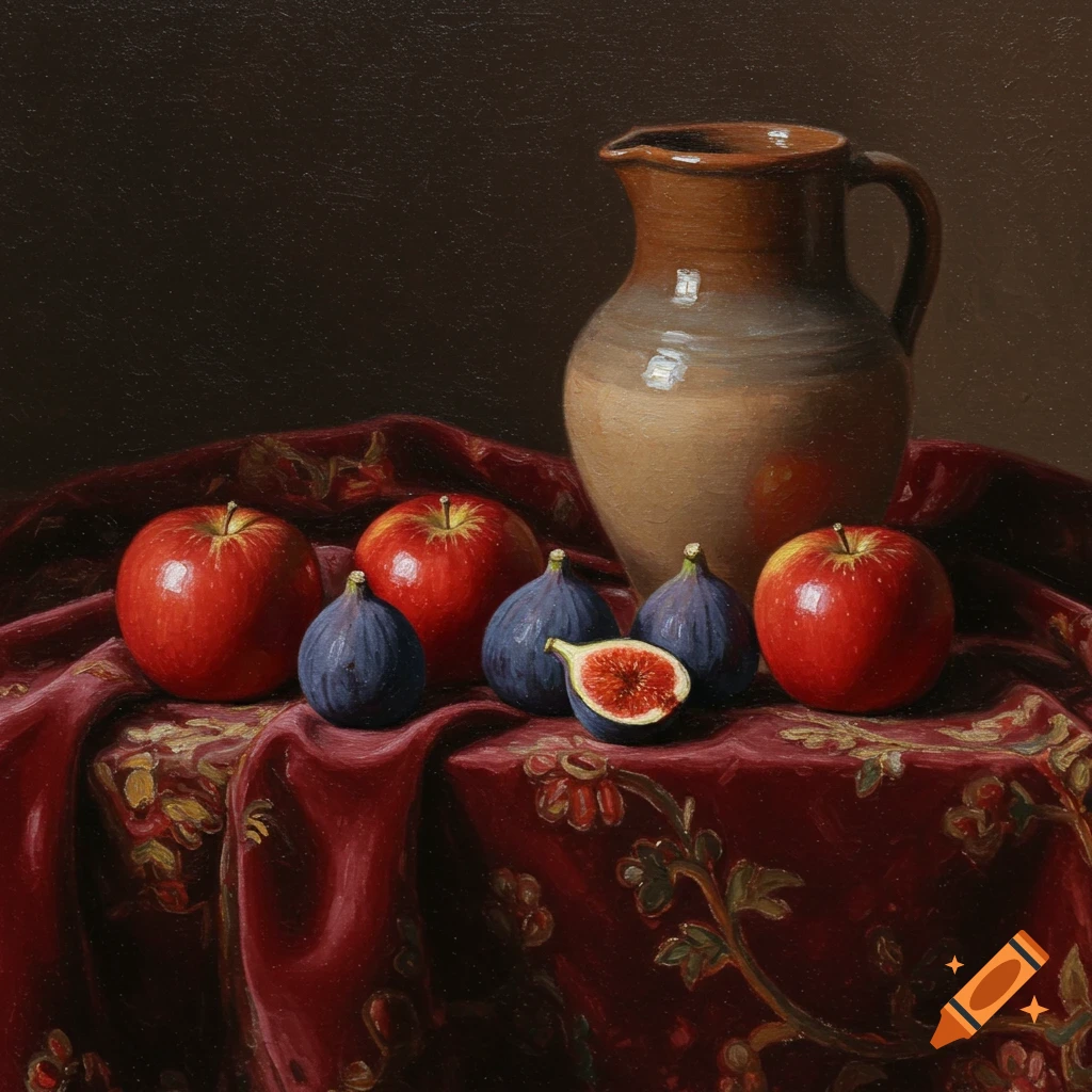 A painting of red apples, purple figs, and a beige pitcher on a rich red brocade velvet tablecloth.