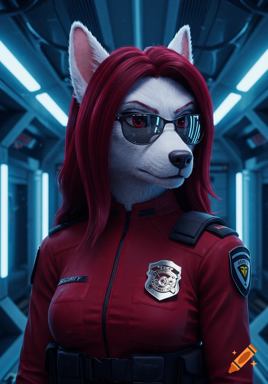 Anthropomorphic white canine-woman with red hair, sunglasses, and a red security uniform in a futuristic sci-fi hallway.