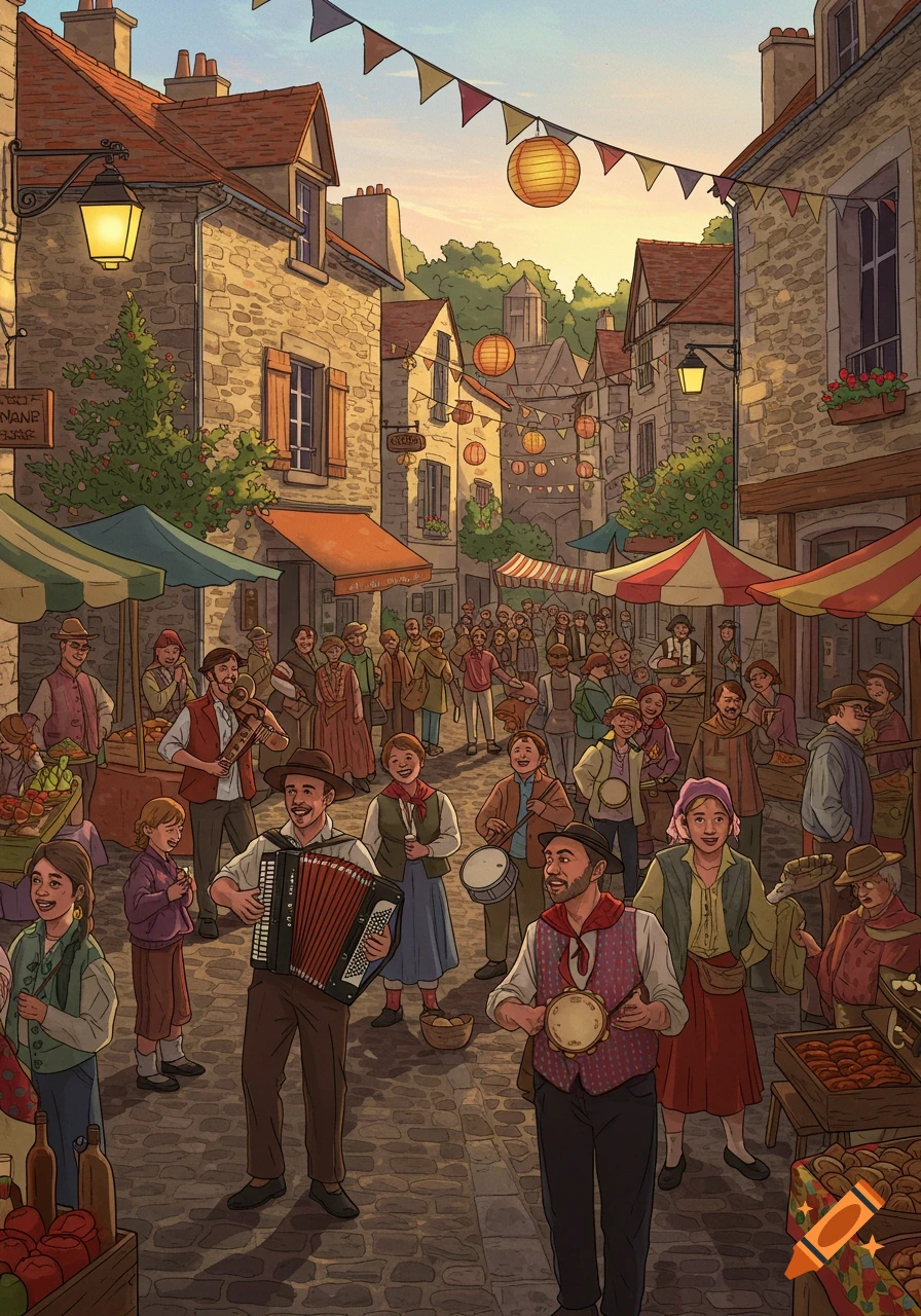 A bustling illustration of a medieval-style village festival with people, musicians, and market stalls lining a cobblestone street at sunset.