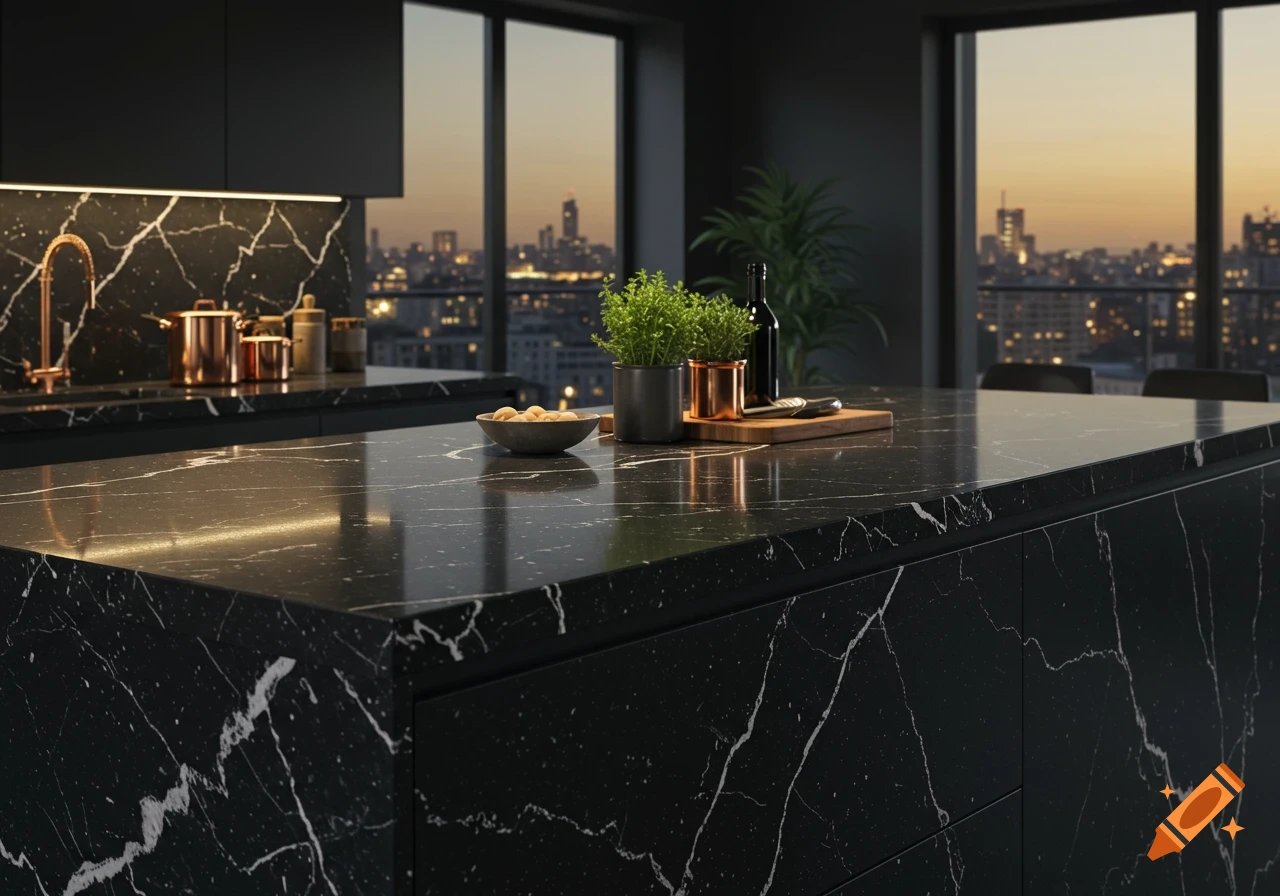 A modern kitchen with black marble countertops, a gold faucet, and a city skyline view at dusk from the window.