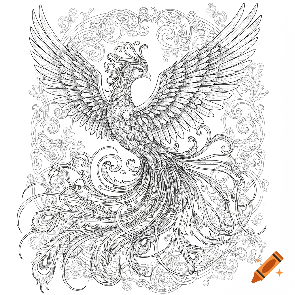 Detailed black and white line art of a majestic phoenix with spread wings and flowing tail, surrounded by ornate rococo-style swirling patterns.