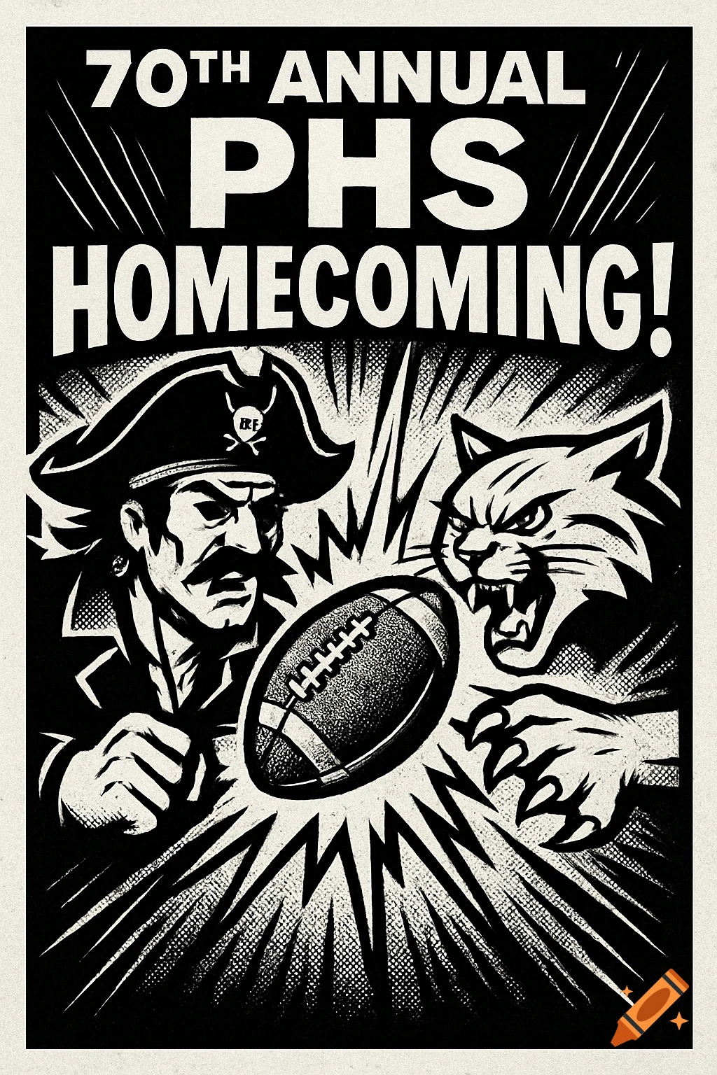 Black and white vintage-style poster showing a pirate and a wildcat mascot clashing over a football. Text: '70th Annual PHS Homecoming!'