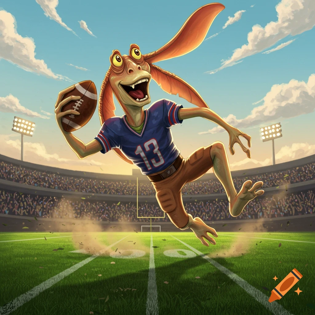 Cartoon Jar Jar Binks jumps joyfully, holding a football in a stadium filled with cheering fans under a blue sky.