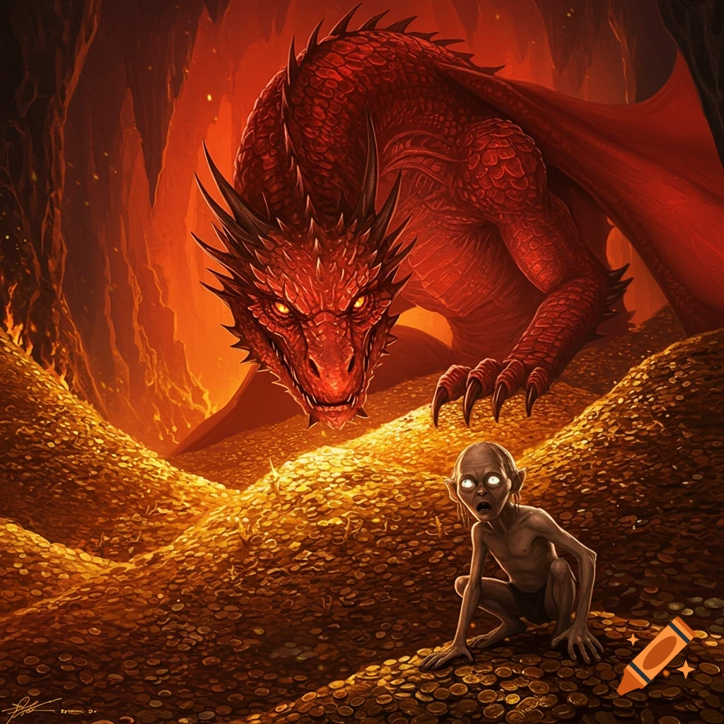 A terrified Gollum crouches on a pile of gold coins as a massive red dragon with glowing eyes looms behind him in a fiery cave.