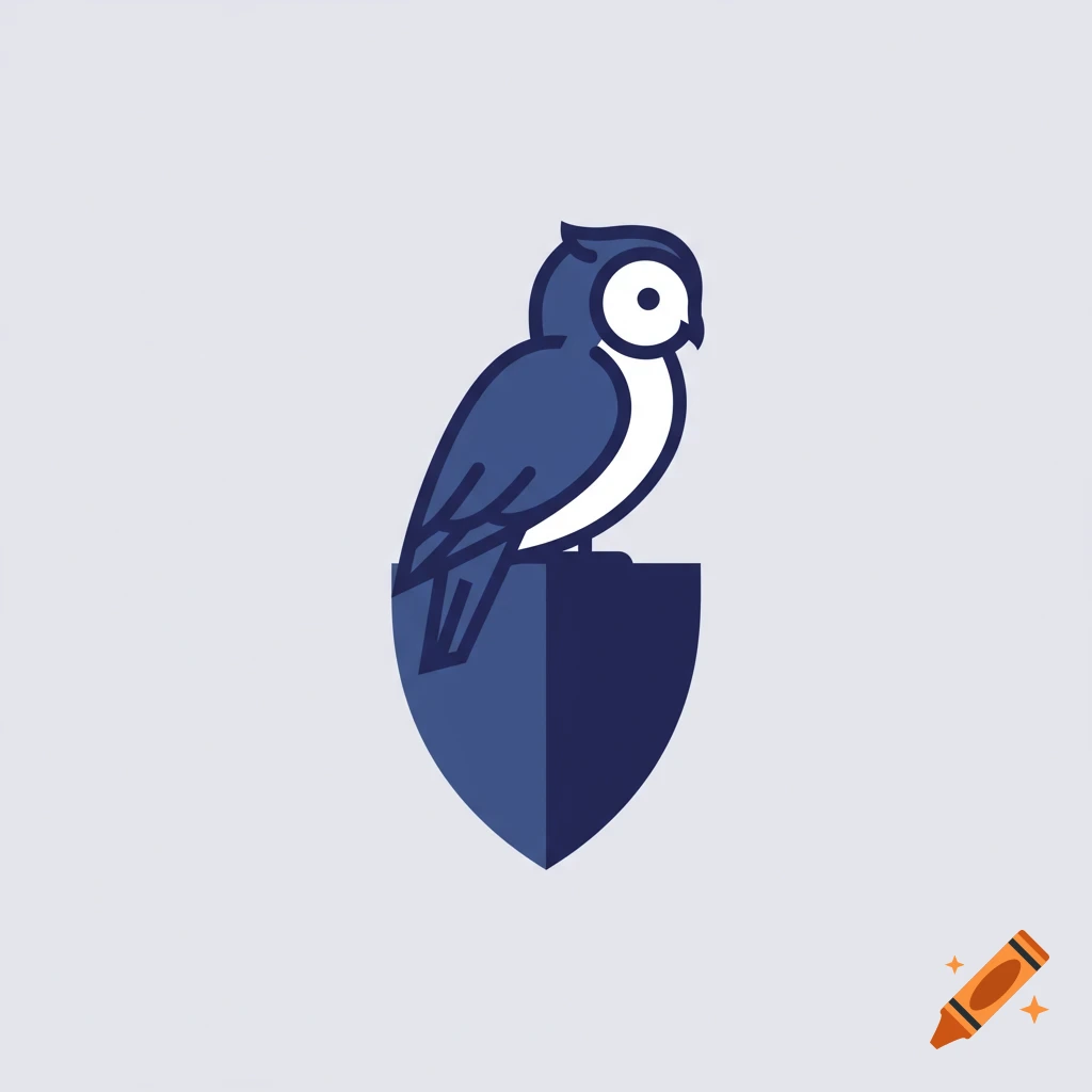 A simple, flat design vector icon of a blue and white owl perched on a blue shield.