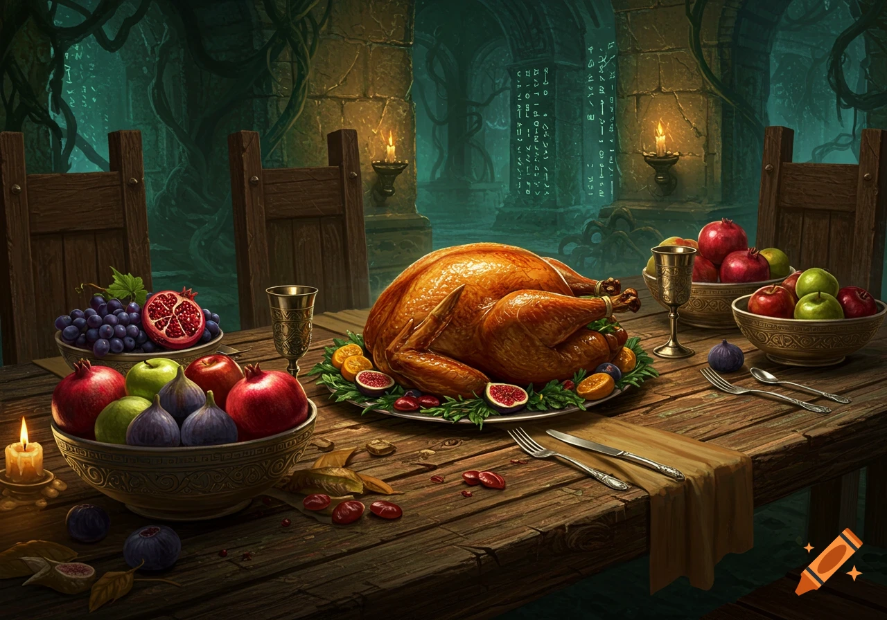 A roasted turkey feast with fruit bowls on a wooden table in an eerie, ancient fantasy room with glowing runes.