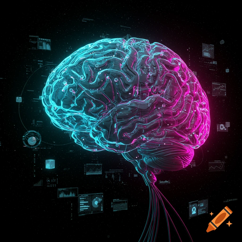A glowing, translucent human brain in neon blue and pink, surrounded by digital data on a black background.
