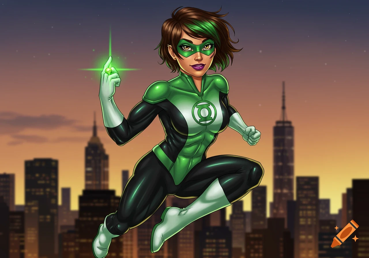 A female Green Lantern superhero in a green and black suit floats above a city at dusk, holding a glowing green power ring.
