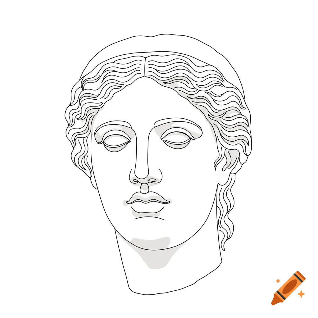 Line art illustration of the head of the Etruscan goddess Uni in an ancient, divine style.