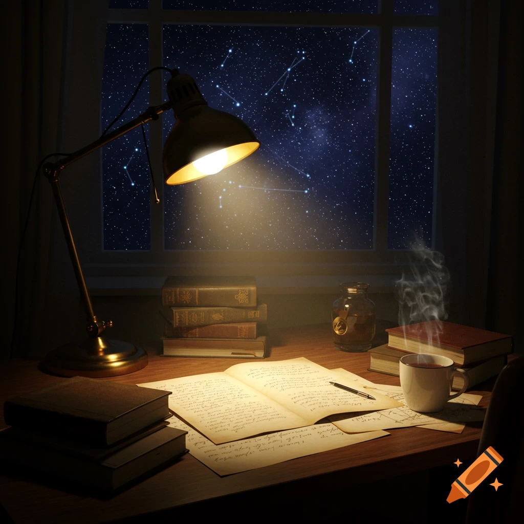 A cozy nighttime study desk with a glowing lamp, open books, notes, a steaming mug, and a starry sky outside the window.