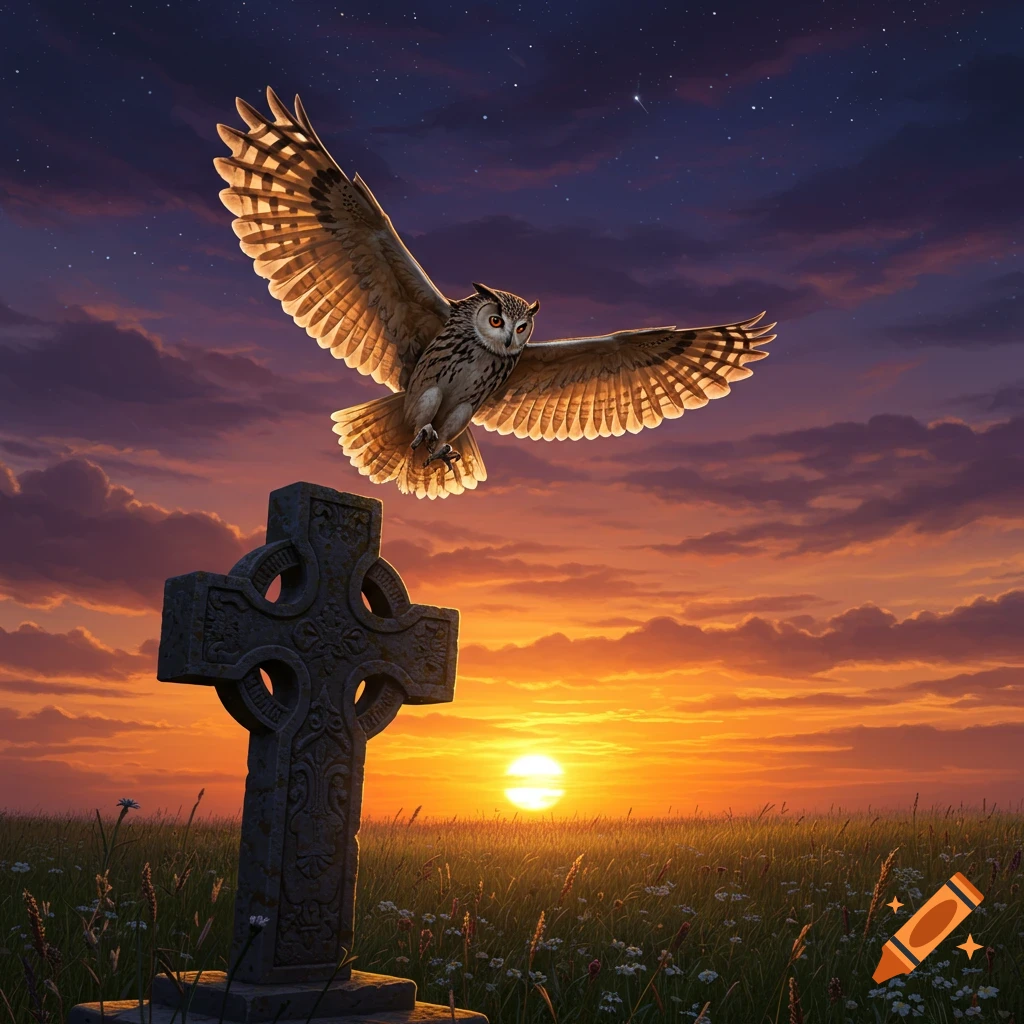 An owl with outstretched wings flies over a Celtic cross in a field at sunset.