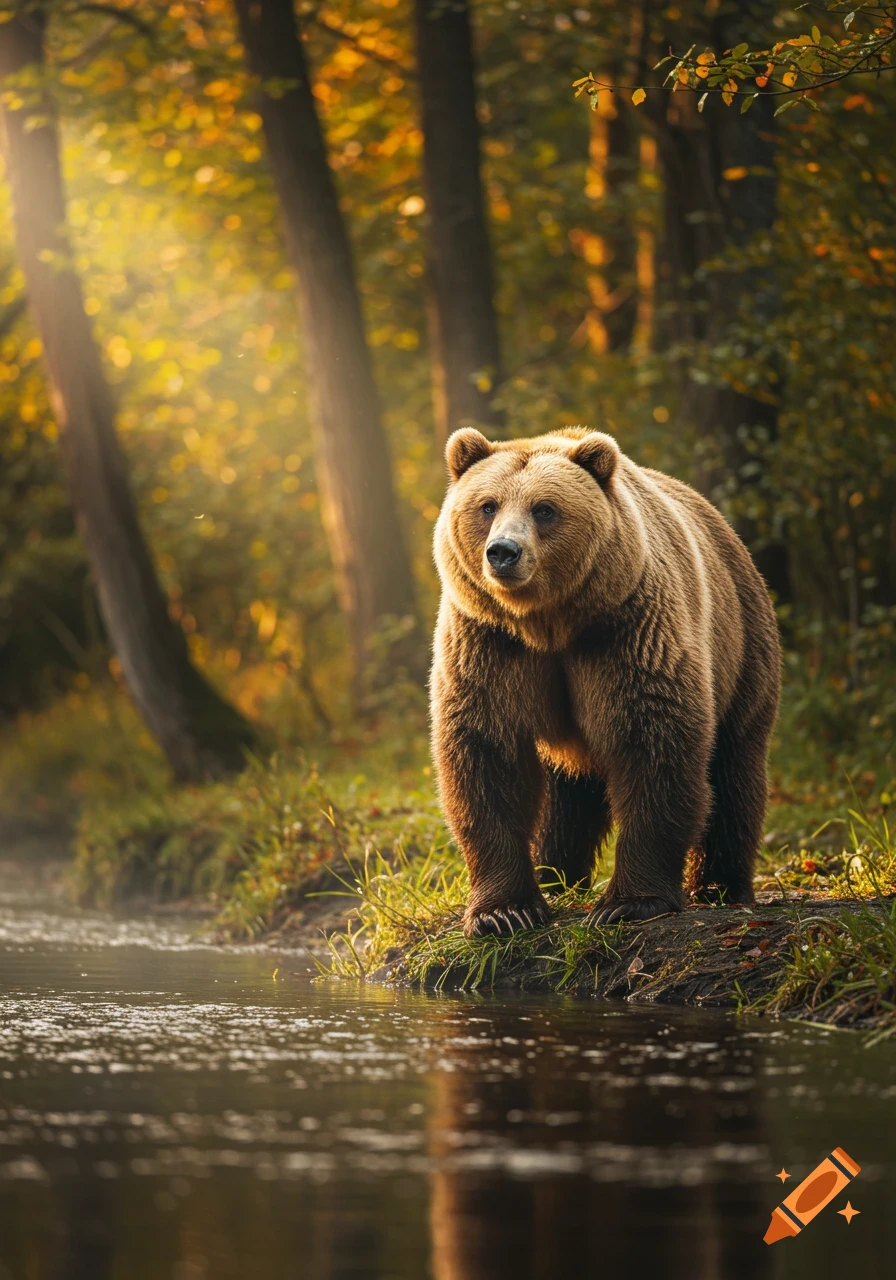 A large brown bear stands on a grassy bank by a river in a golden-lit forest. Photorealistic.