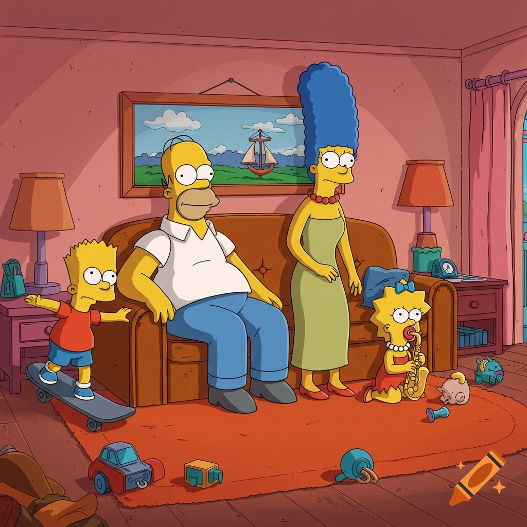 The Simpsons family in their living room, with Homer on the couch, Marge standing, Bart skateboarding, and Maggie playing saxophone.