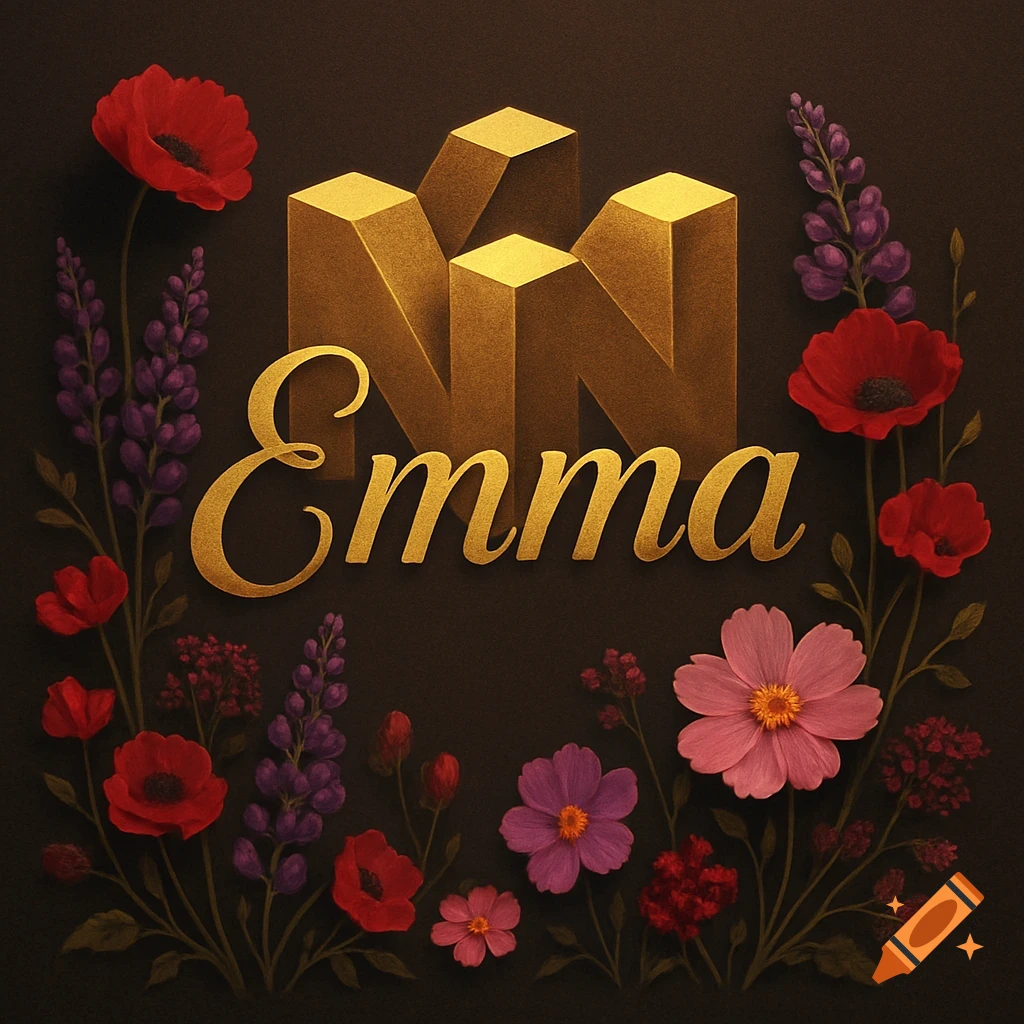 Gold name Emma with a stylized N64-like logo in the background, surrounded by red, purple, and pink flowers on a dark background.