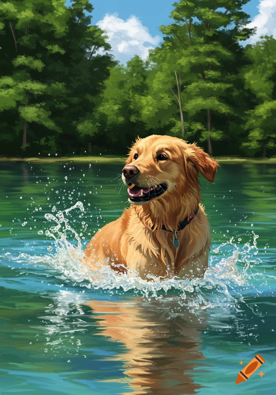 Digital painting of a happy Golden Retriever swimming and splashing in a green lake with a lush forest background.