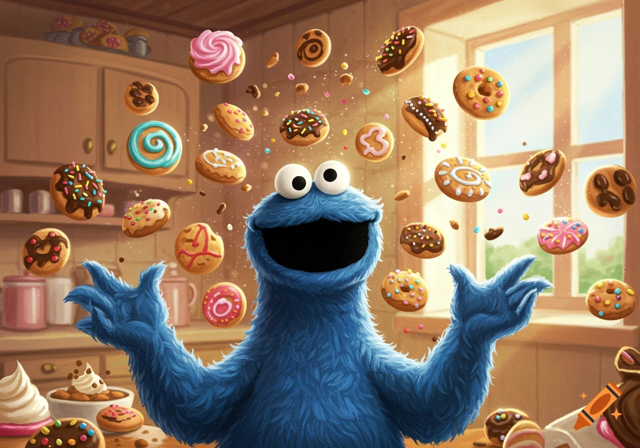 Vibrant illustration of Cookie Monster happily looking up as many cookies and donuts rain down around him in a sunny kitchen.