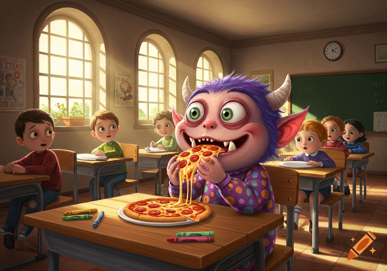 A cartoon purple monster child with horns happily eats a slice of pepperoni pizza in a classroom while other children watch in surprise.